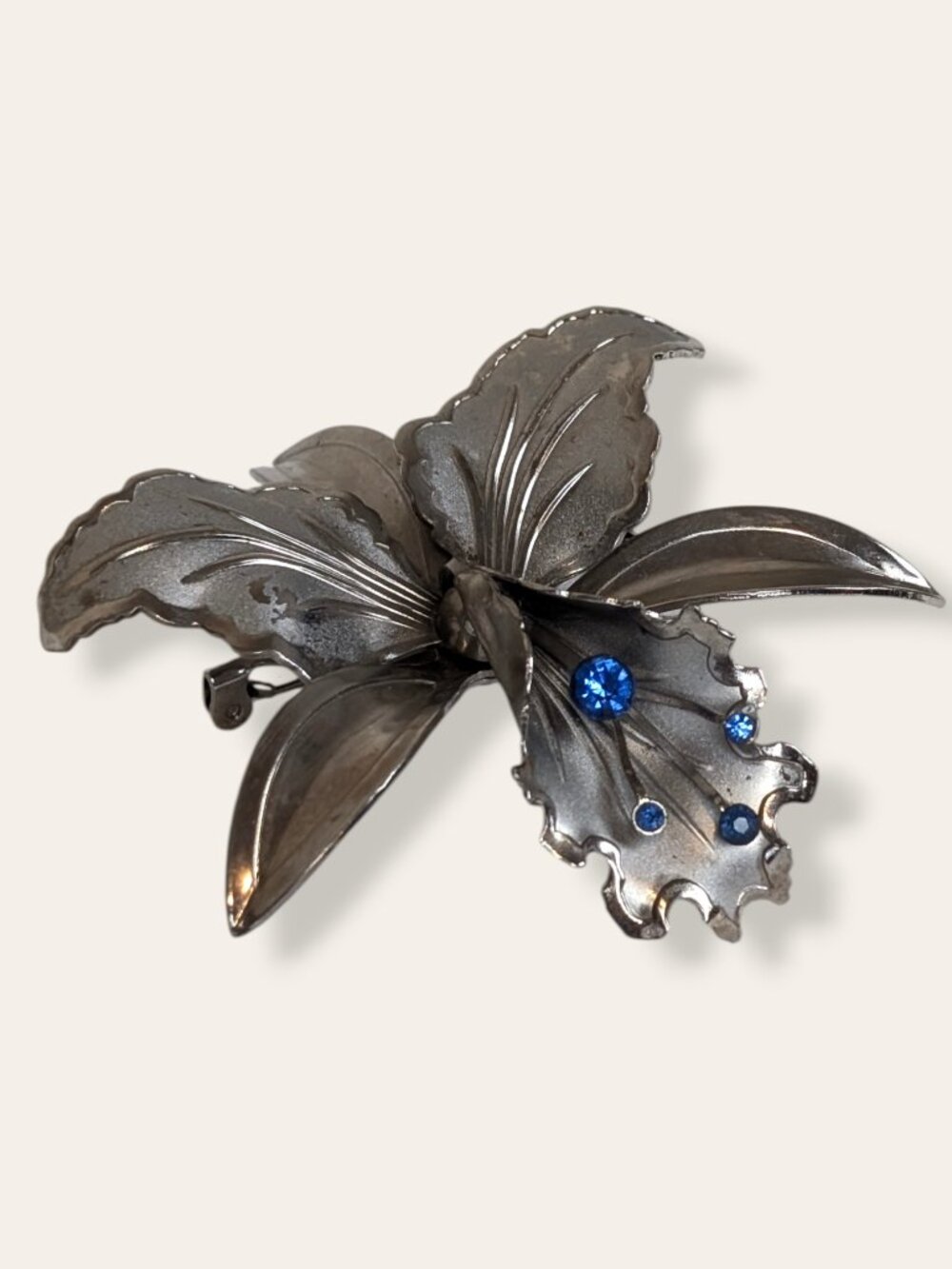 Vintage 1960s Blue Rhinestone Orchid Brooch
